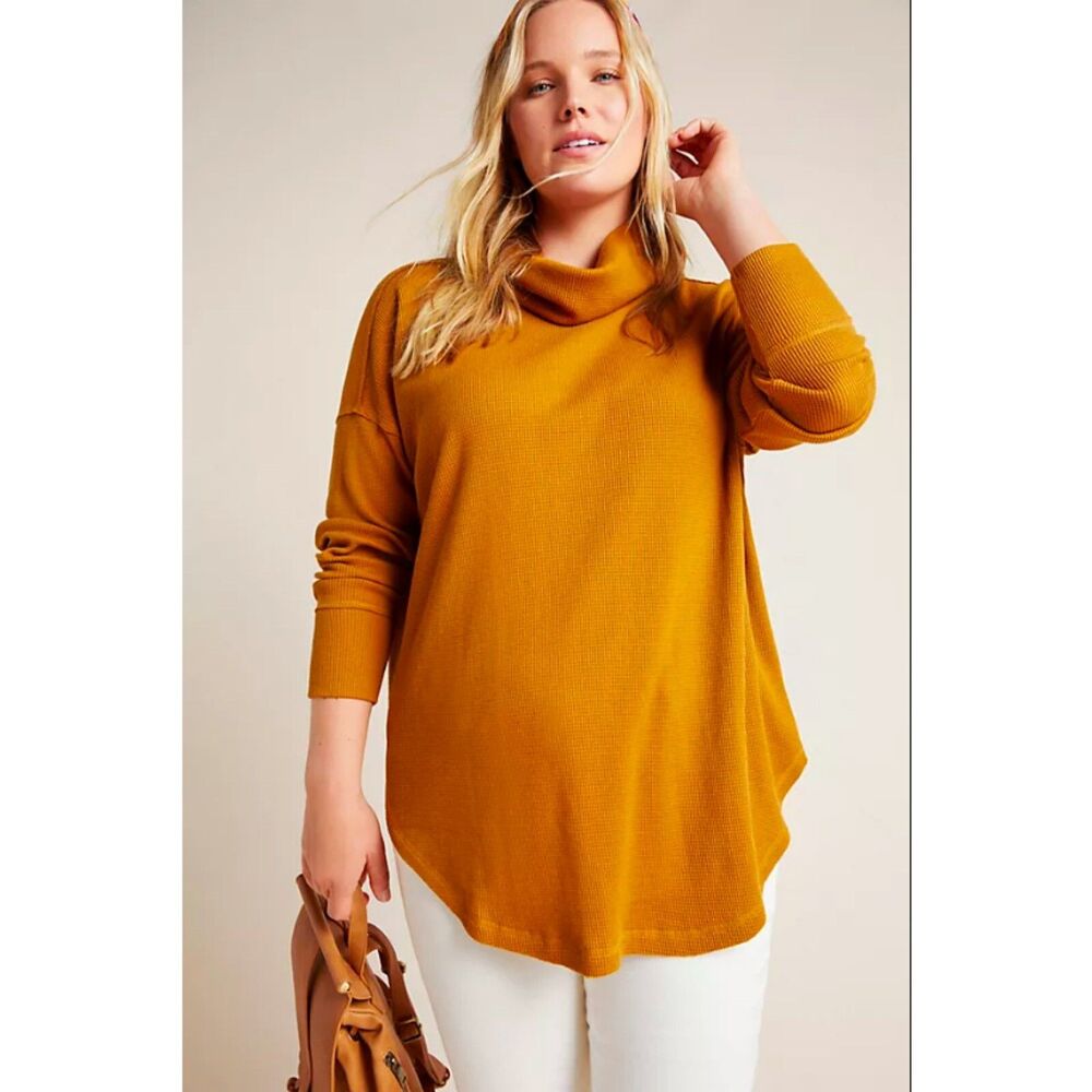 Anthropologie Maeve Top Size Medium Mustard Thermal Turtleneck Pullover